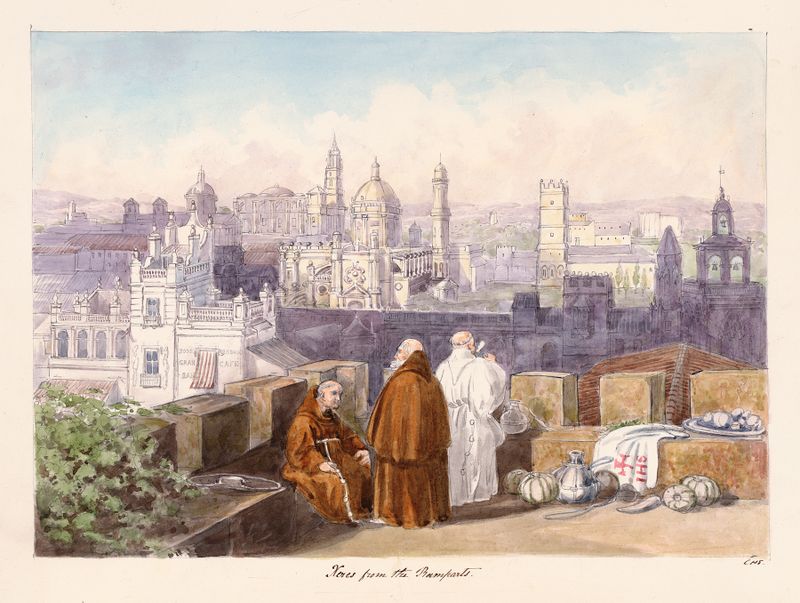 Landscape oil painting by Charles Hamilton Smith featuring ramparts and blue sky.