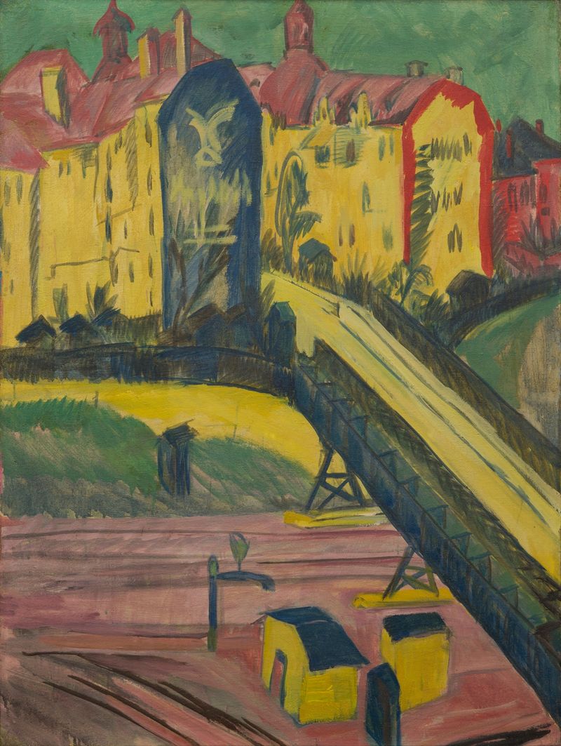 Paisaje de Ernst Ludwig Kirchner, con techos y árboles, pintura al óleo