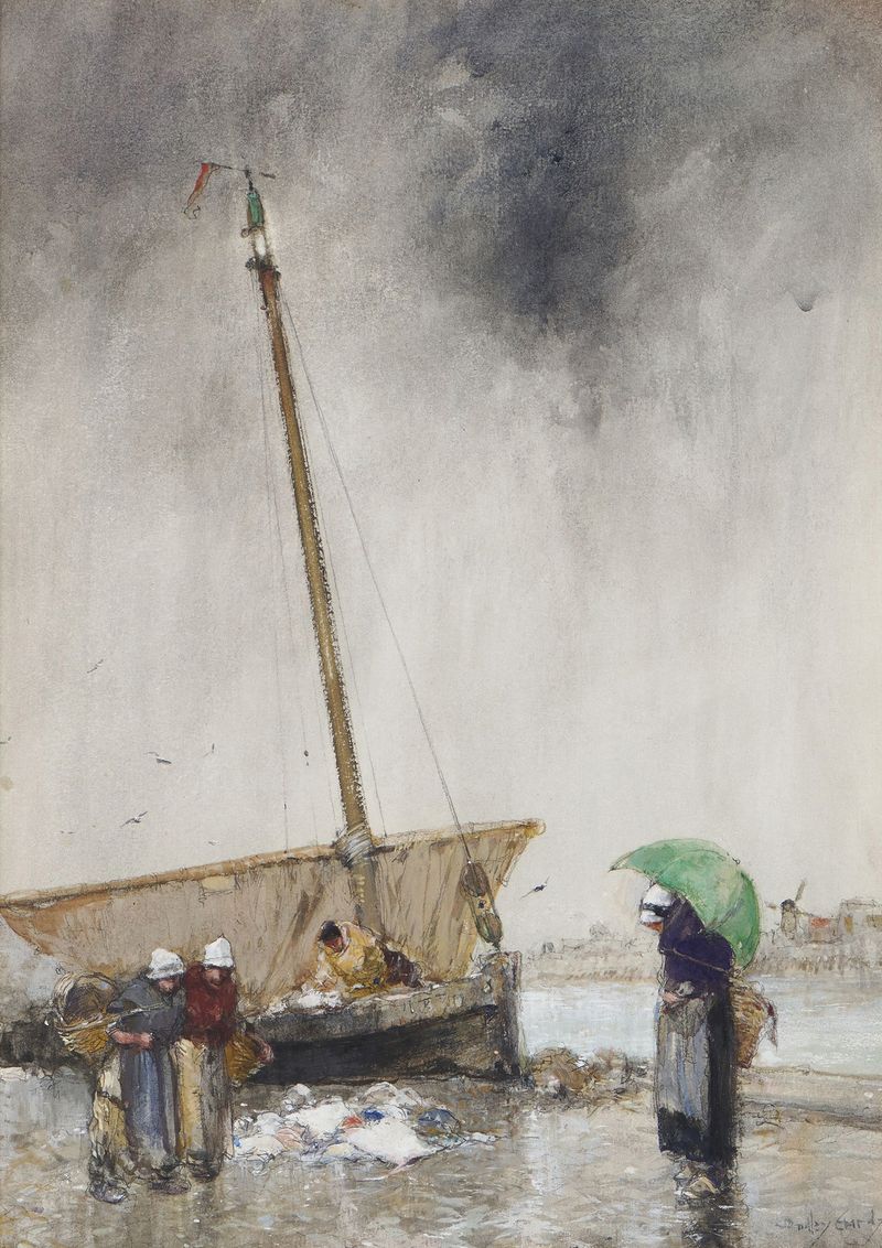 Cena marinha com barcos e céu, pintura a óleo de Dudley Hardy