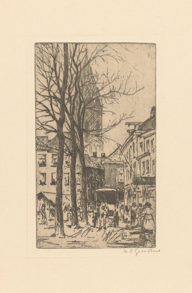 Figuren op straat in Den Haag de Willem Adrianus Grondhout, realismo, figuras em uma rua.