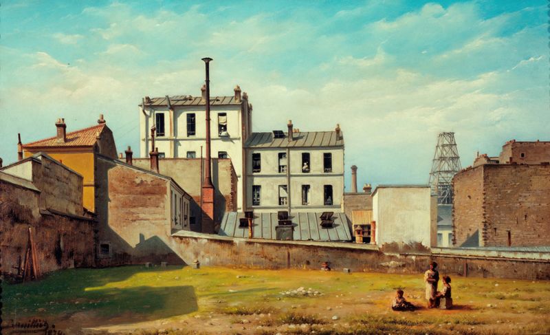 Obra de realismo que representa arquitectura urbana de C. Bussilliet