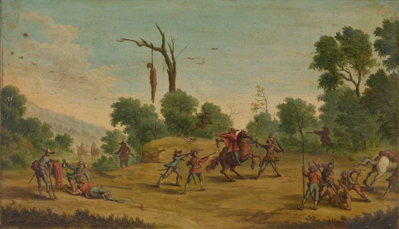 Etching by Jacques Callot showing two horsemen confronting robbers.