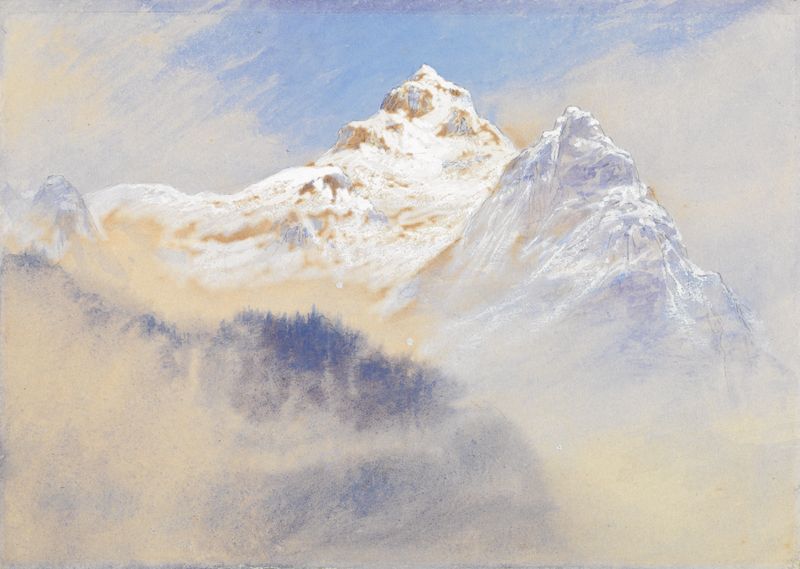 Paisaje de Terglon Alps por Elijah Walton, pintura al óleo con suaves azules y grises