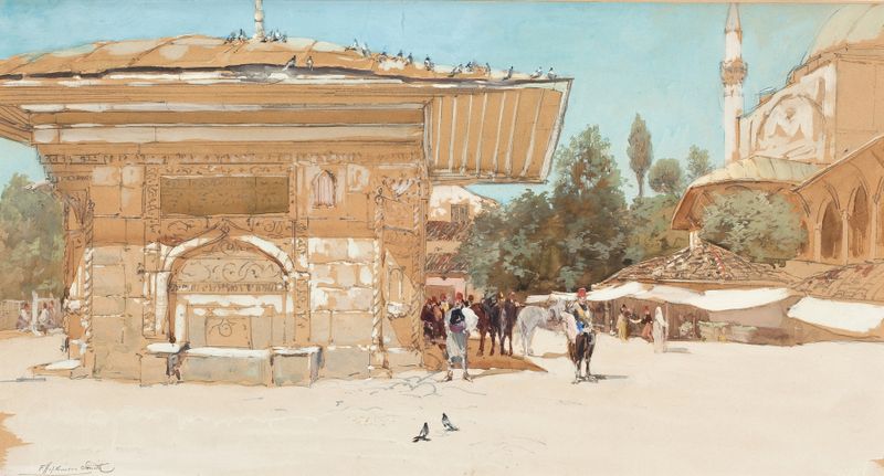 Middle Eastern scene outside a mosque, oil on canvas by Francis Hopkinson Smith