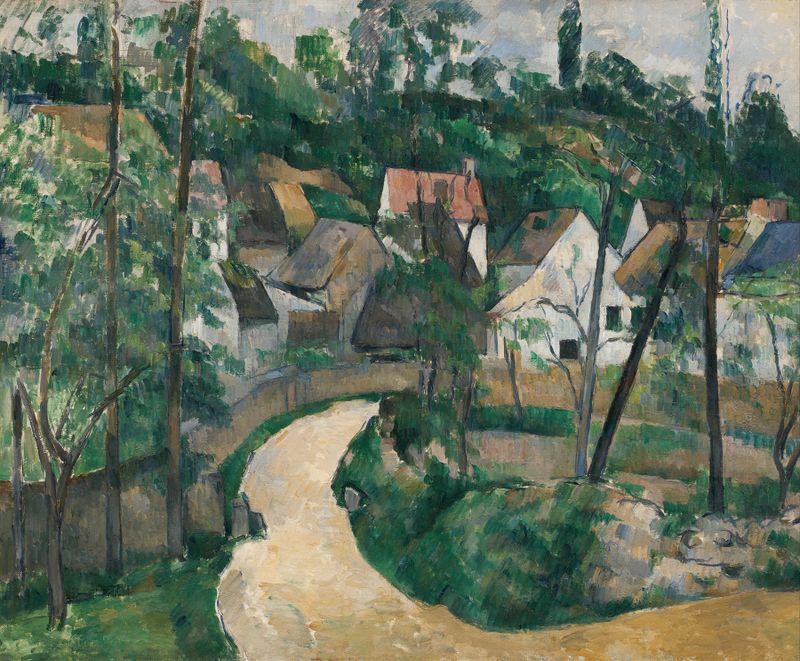 Turn in the Road, pintura al óleo de Paul Cezanne, que representa un camino sinuoso entre vegetación exuberante.