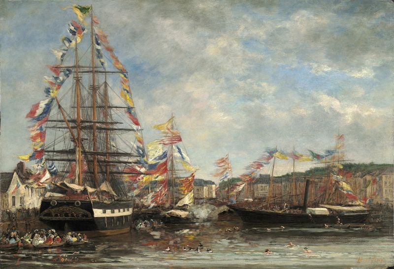 Festival no Porto de Honfleur, óleo sobre tela de Eugène Boudin, retratando barcos e um pôr do sol.