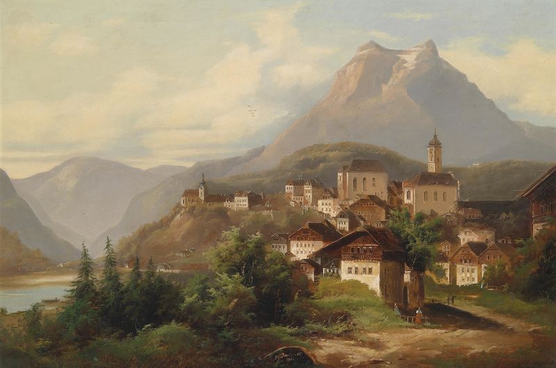 Blick auf Pilatus mit Tomlishorn by Johann Wilhelm Jankowski, oil on canvas depicting a serene lake and mountains.