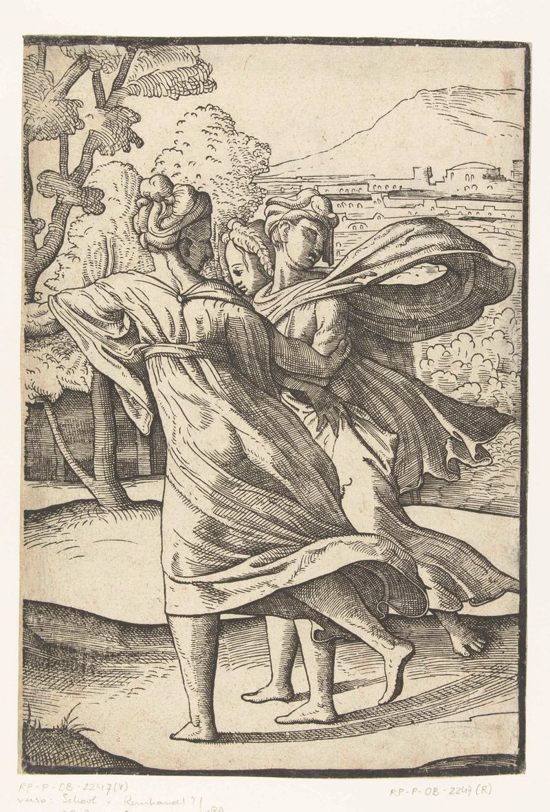 Drie rennende vrouwen, grabado de Jan van Scorel que representa a tres mujeres en movimiento.