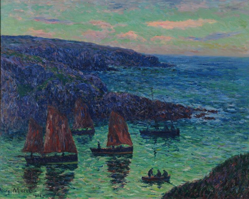 Le soir à Douëlan by Henry Moret, oil on canvas depicting a tranquil landscape at dusk.