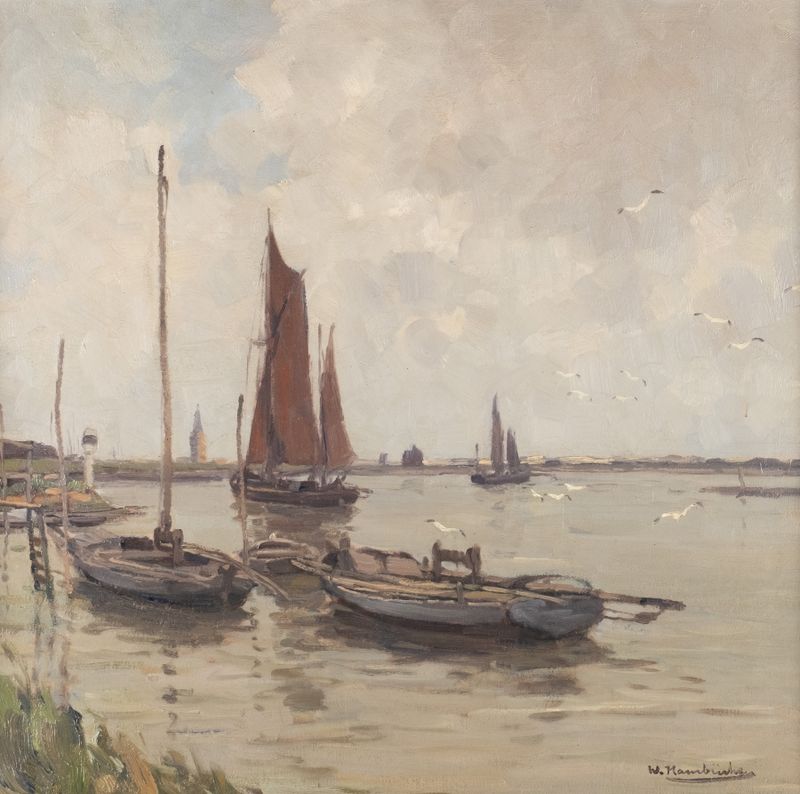 Pintura al óleo de paisaje de Wilhelm Hambüchen con suaves azules y verdes