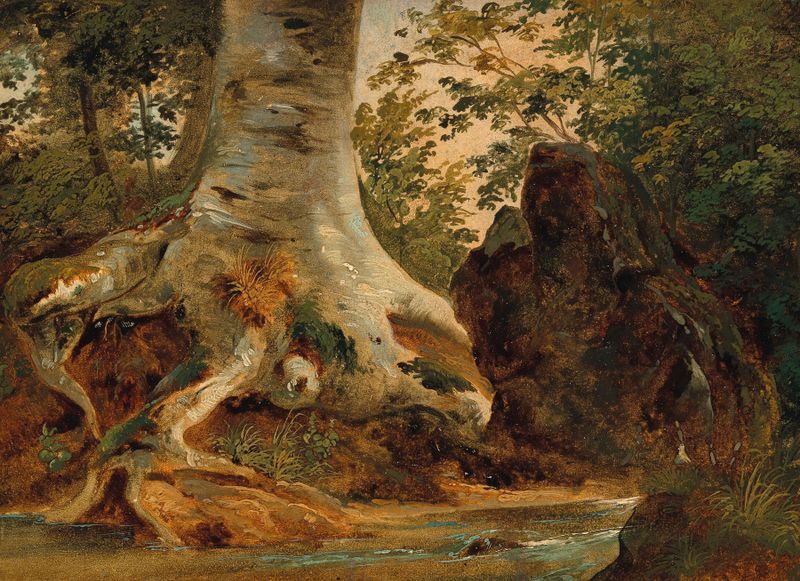 Waldbach by Friedrich Gauermann, oil on canvas depicting a serene forest landscape with a river.