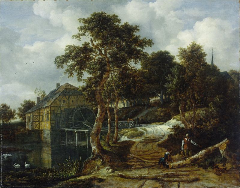 Paisaje con molino de agua de Jacob van Ruisdael, óleo que muestra un río sereno y vegetación exuberante.