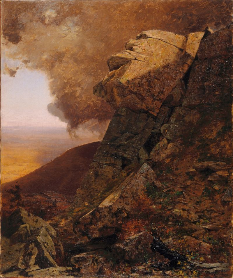 Landscape of a cliff at sunset by Jervis McEntee, oil painting
