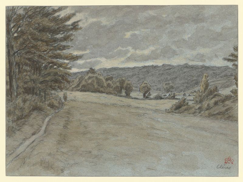 Paisagem de Henri Rivière, Pós-Impressionismo, apresentando colinas e luz suave.