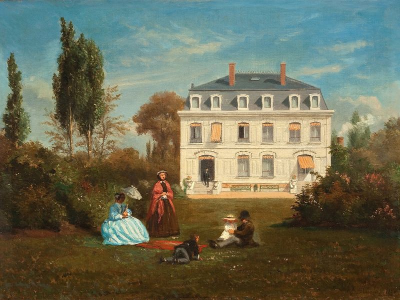 Cena figurativa de um casal em um jardim, pintura a óleo de Charles Jean Mercier