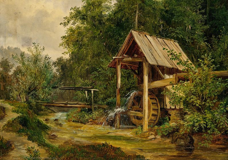 A Mill by a Creek, pintura a óleo de Ludwig Halauska, retratando uma paisagem serena com um moinho e um riacho.