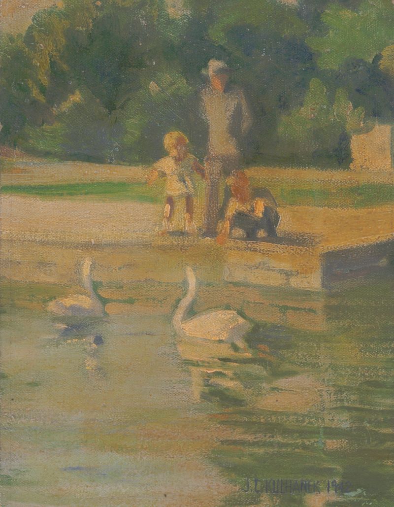 Water Fowl Lake Brookside Park by James C. Kulhanek, impressionism, depicting a tranquil lake and surrounding trees