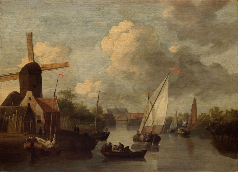 Pintura a óleo de paisagem de Wigerus Vitringa representando Alkmaar com reflexos no céu e na água
