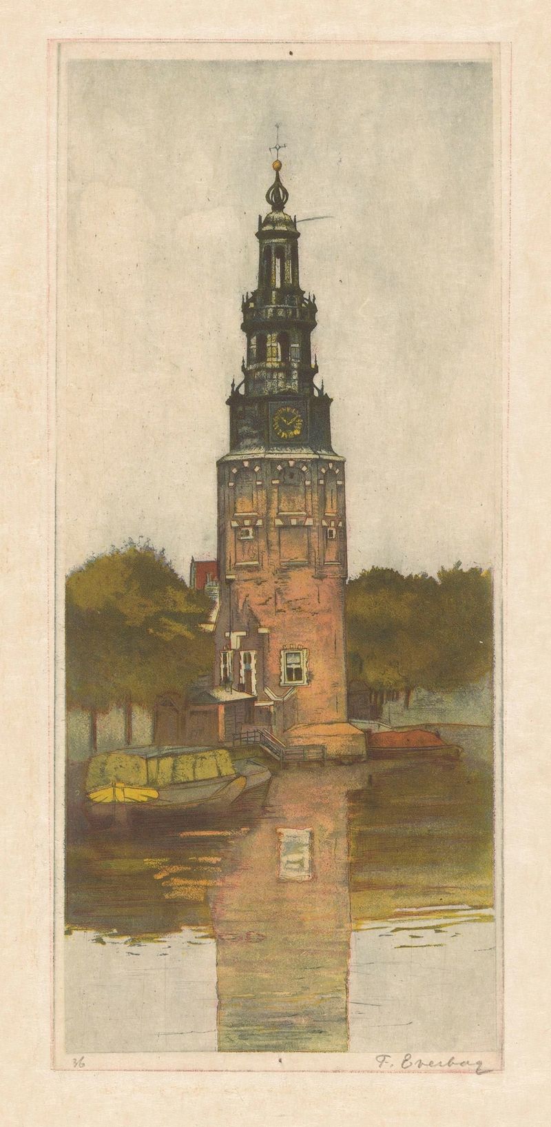 Montelbaanstoren in Amsterdam by Frans Everbag, oil painting depicting a tower against a cityscape