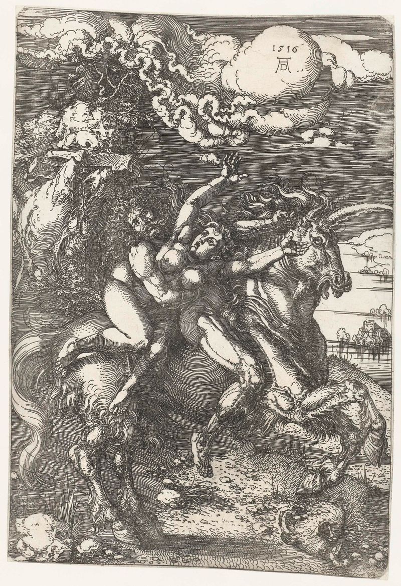 Roof van Proserpina, grabado de Albrecht Dürer, con una figura serena rodeada de follaje.
