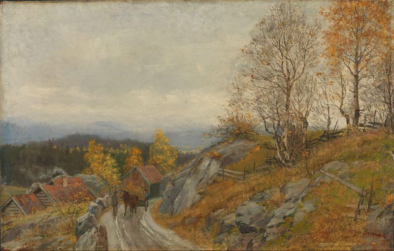 Landscape view featuring hills and a lake by Jørgen Sørensen, oil painting