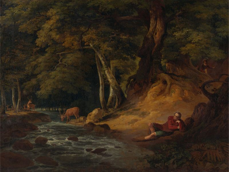 Jacques y el ciervo herido, óleo de William Hodges