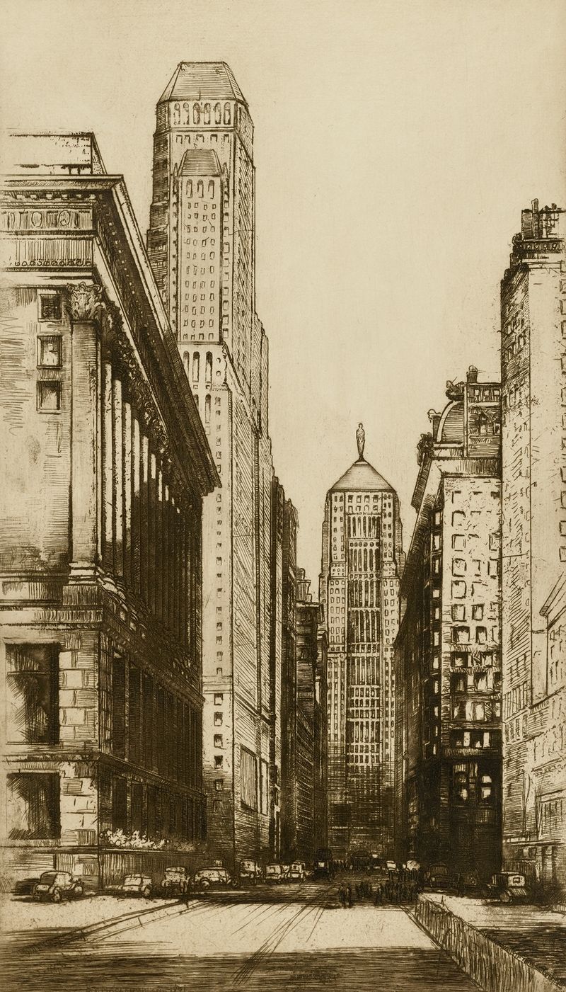 Pintura a óleo de paisagem de Donald Shaw MacLaughlan mostrando um horizonte urbano ao pôr do sol.