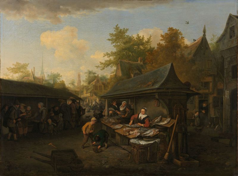 Fish Market de Cornelis Dusart, óleo sobre tela que retrata uma cena movimentada de mercado