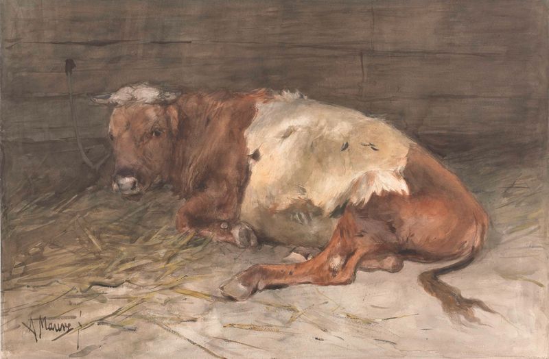 Realism oil painting by Anton Mauve depicting a young bull resting in natural light.