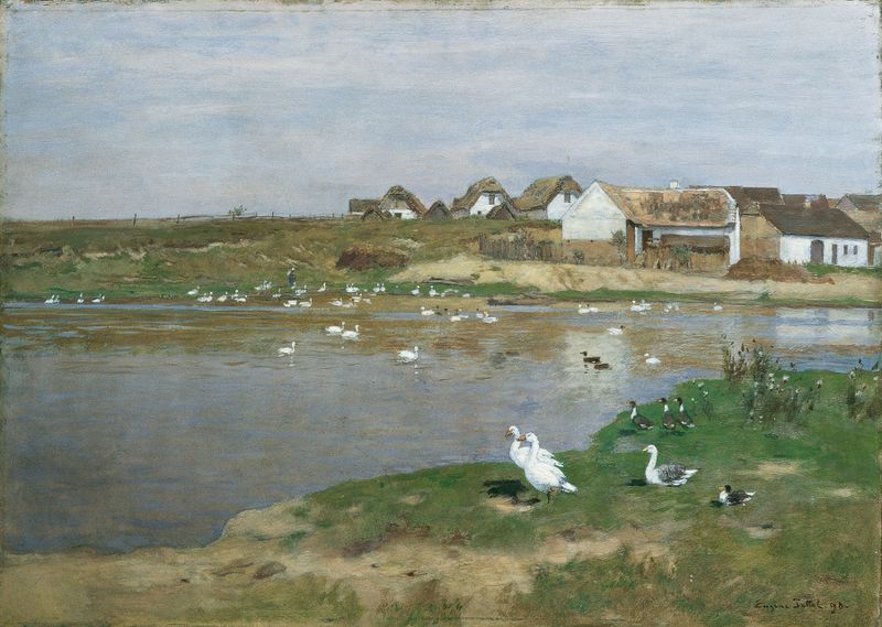 Oil painting by Eugen Jettel depicting a tranquil pond with reflections and greenery.