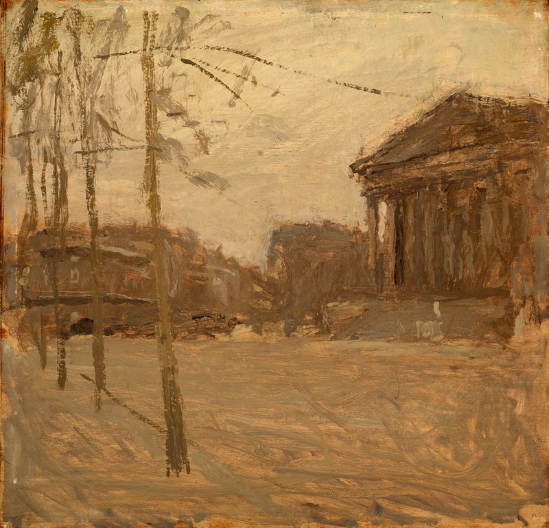 Escena interior con una figura solitaria en luz suave, de Frank Edwin Scott