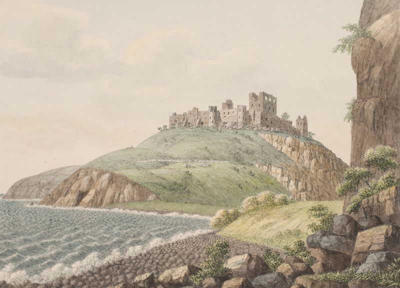 Hammershus på Bornholm, óleo sobre lienzo de Søren L. Lange, que representa un paisaje accidentado con una antigua fortaleza.