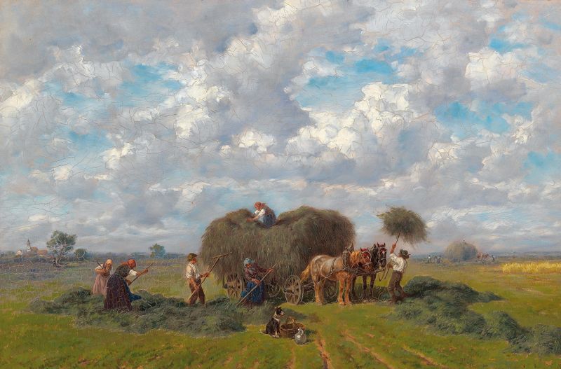 Harvesting by Désiré Thomassin, realism, depicting a rural landscape with harvesters.
