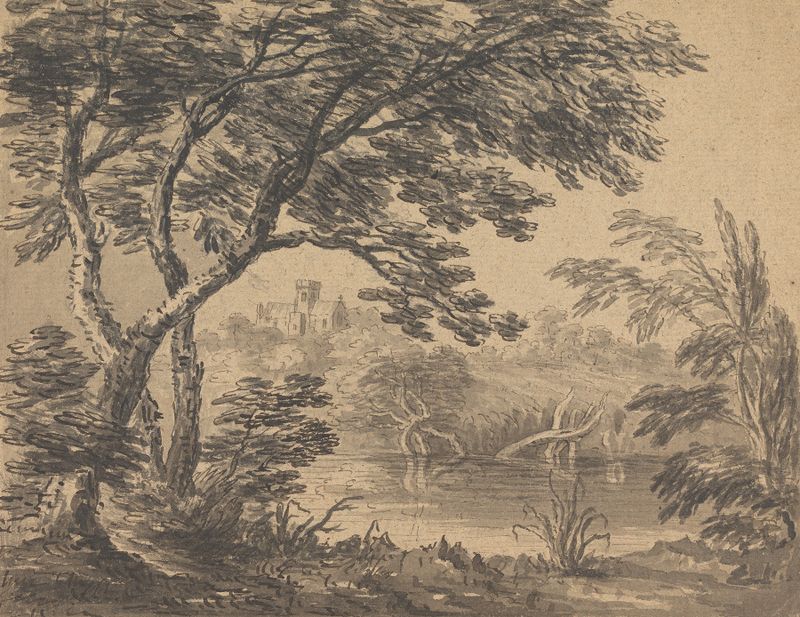 Paisagem com Igreja ao Fundo de William Gilpin, pintura a óleo que mostra colinas e uma igreja.