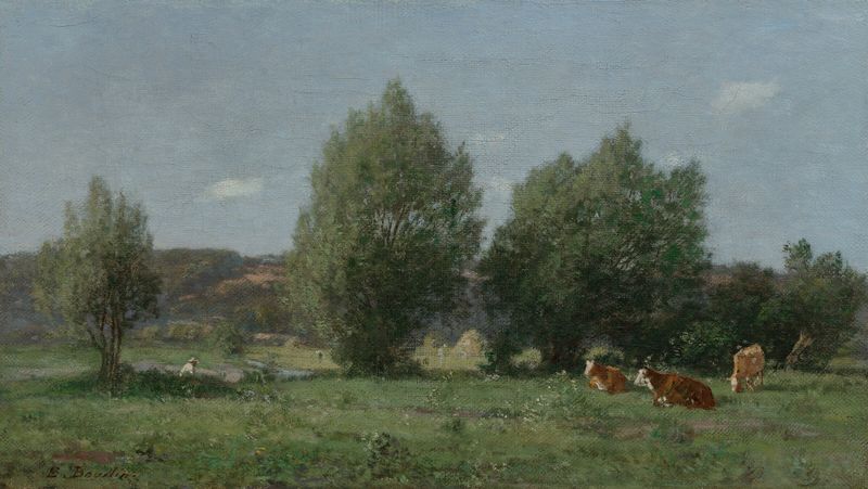 Paisagem de pastagem verde e colinas em pintura a óleo de Eugène Boudin