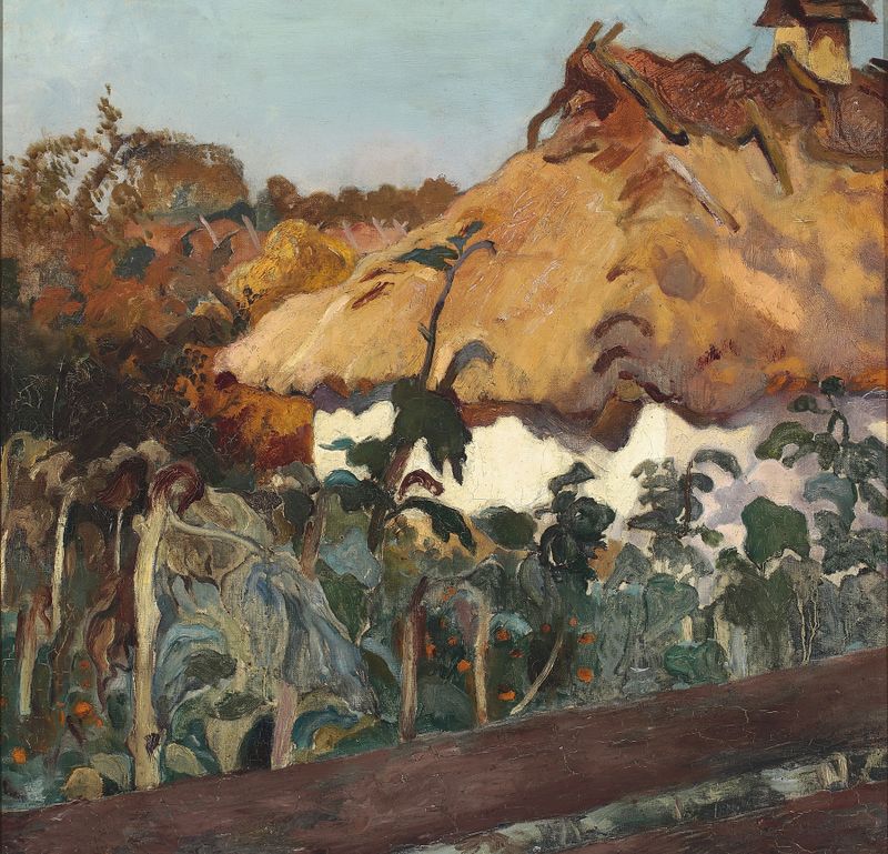 Cottage landscape by Kazimierz Sichulski, oil painting, featuring twilight and trees.