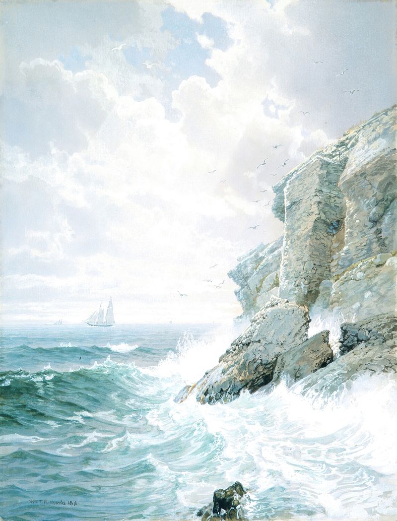 Pintura a óleo de William Trost Richards retratando penhascos e luz do sol