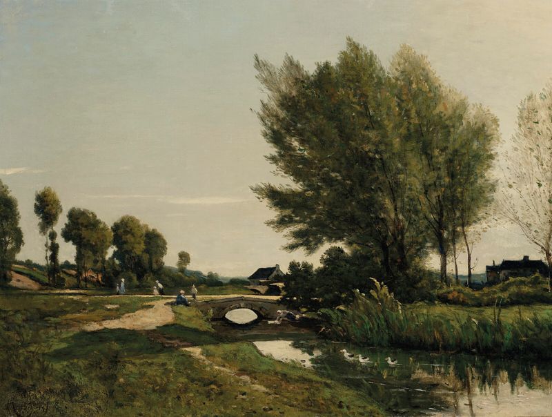 Paisagem com colinas e rio, pintura a óleo de Henri-Joseph Harpignies