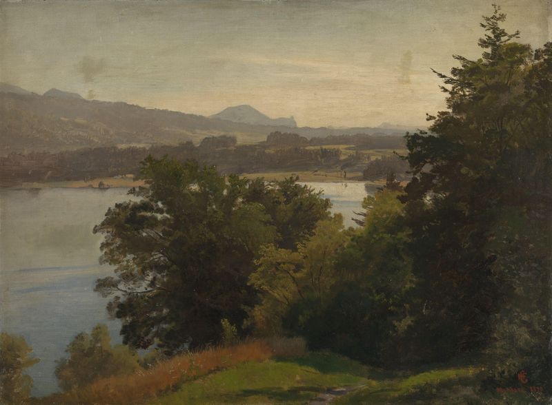 Vista del Mondsee de Hans Gude, óleo de un lago y montañas.