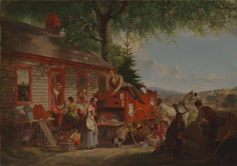 The Yankee Peddler, oil on canvas by William Tolman Carlton, featuring a peddler with vibrant fabrics.