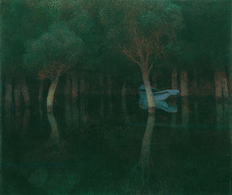 Dämmerung de Carl Moll, uma paisagem impressionista em óleo que retrata o crepúsculo.