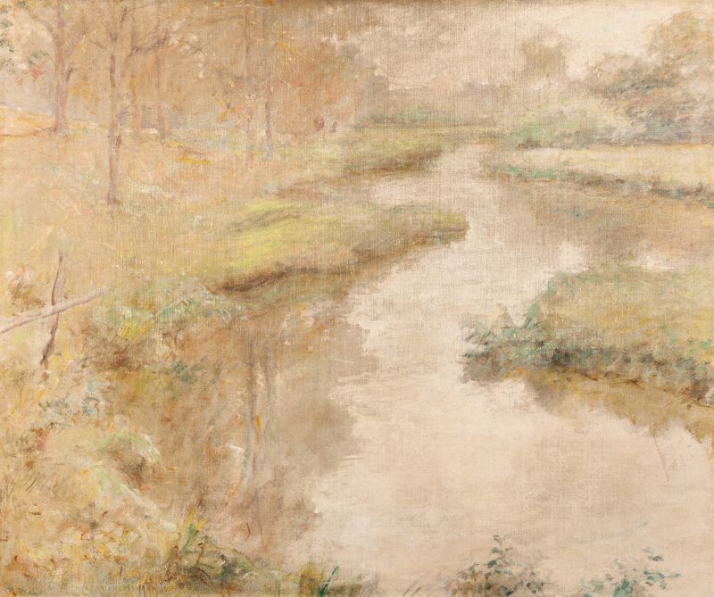 Forest Brook de Robert Reid, óleo sobre tela que retrata uma cena de floresta com água e luz.