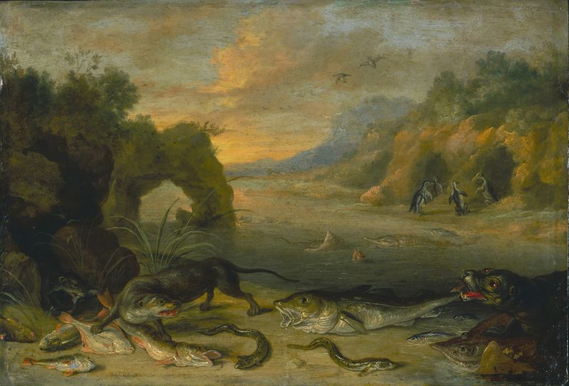 Oil on panel by Jan Van Kessel The Elder depicting water, leaves, and droplets