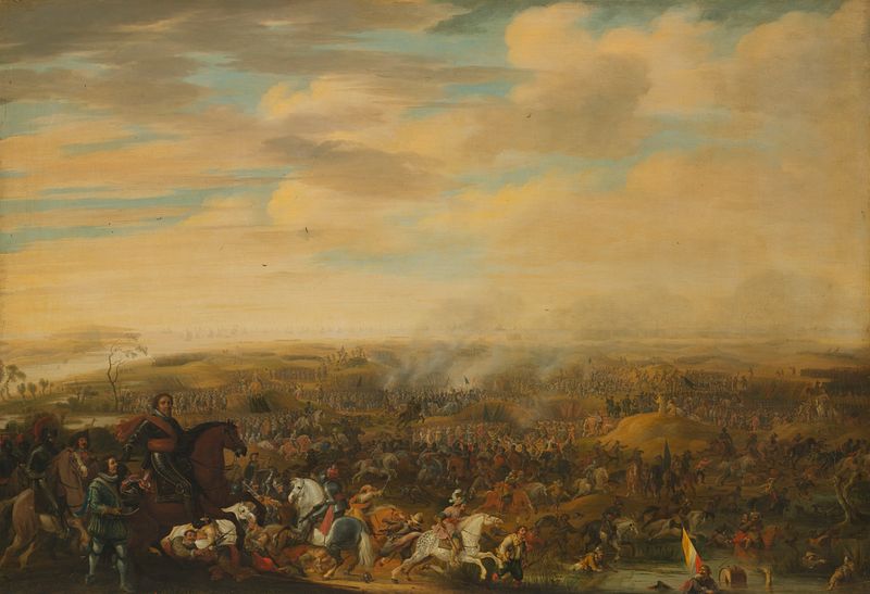 Historical oil painting by Pauwels van Hillegaert depicting Prince Maurice in battle.