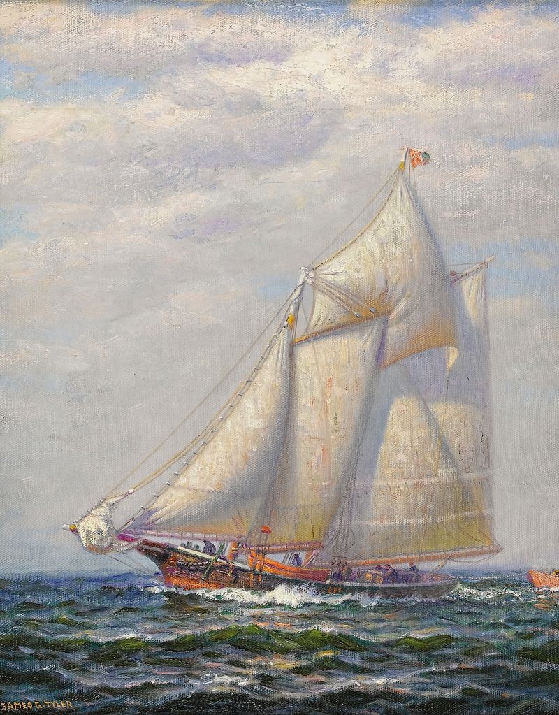 Vessel at Sea by James Gale Tyler, oil on canvas depicting a solitary boat on dark waters
