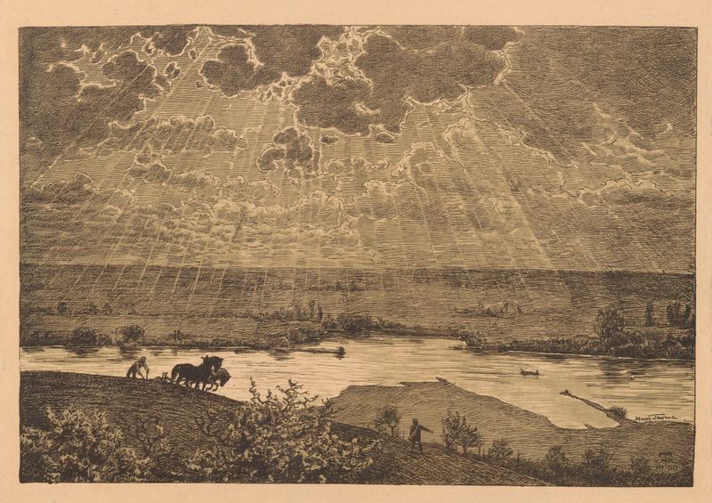 Paisaje con un sembrador y un arador, óleo sobre lienzo de Hans Thoma
