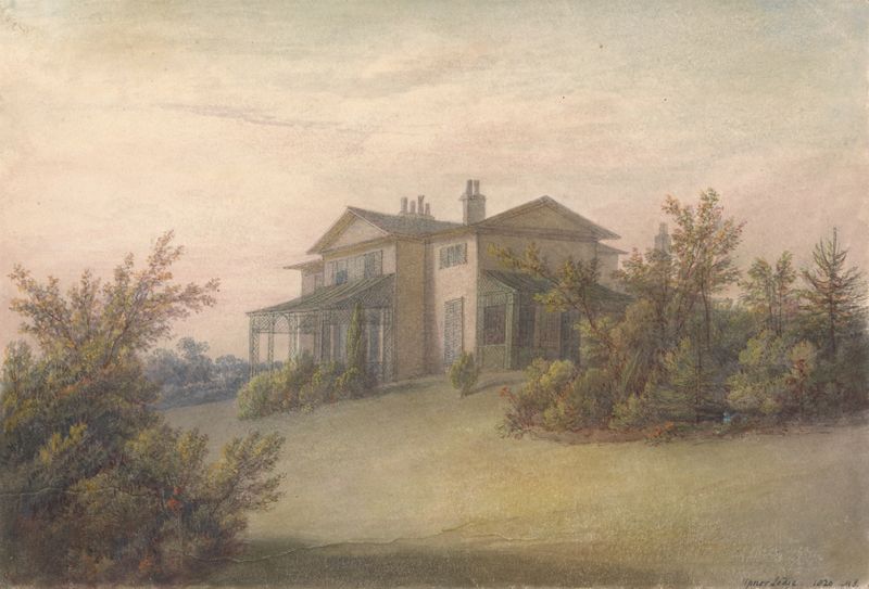 Watercolour by Mary Smirke depicting a serene landscape with clouds and water.