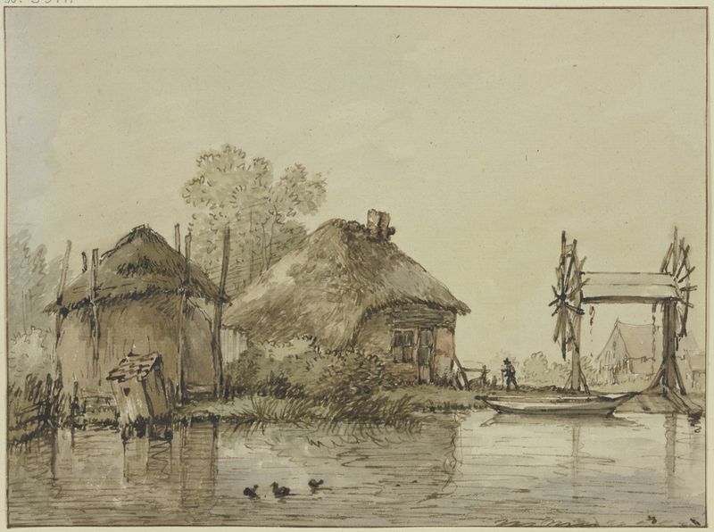 Paisaje con un canal, granero y compuerta con dos ruedas de Jan Hulswit