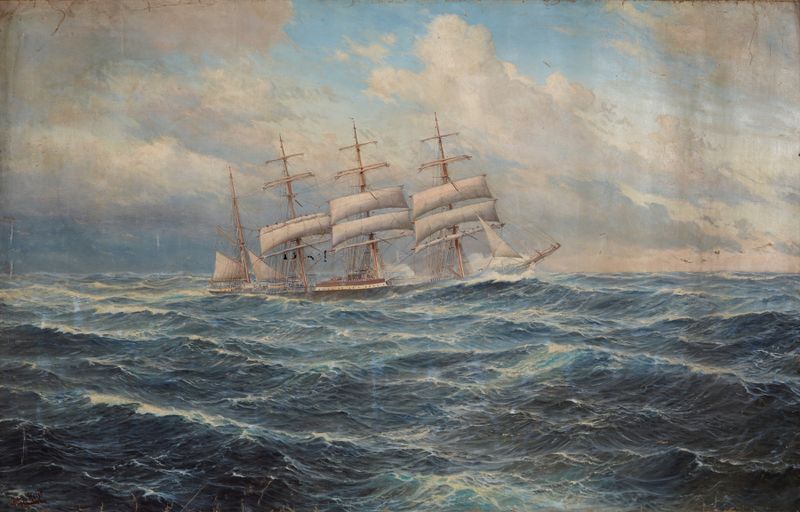 Seascape with a Ship de John Holst, óleo sobre tela representando águas tranquilas e um navio distante.