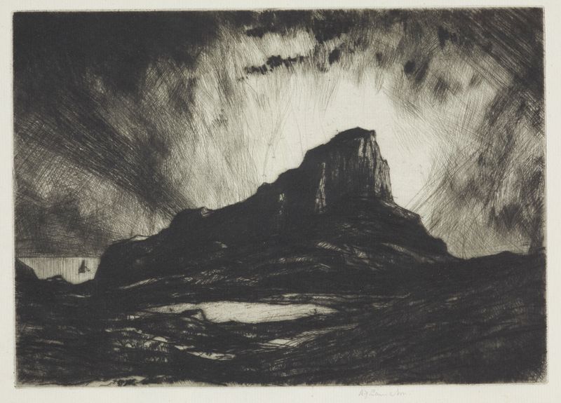 The Scuir of Eigg, grabado de David Young Cameron, que representa un paisaje sereno con montañas y cielo pastel.